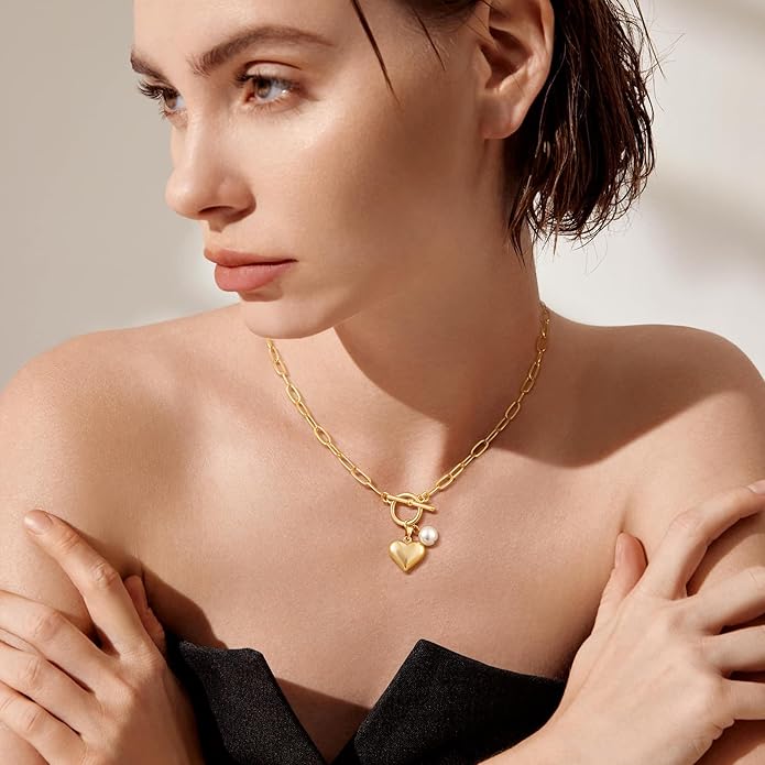 Tewiky Cute Heart Necklace Tiny 14k Gold Heart Pendant Choker Necklaces Small Gold Love Open Heart Chain Necklace for Women Dainty Gold Necklace Gifts for Her