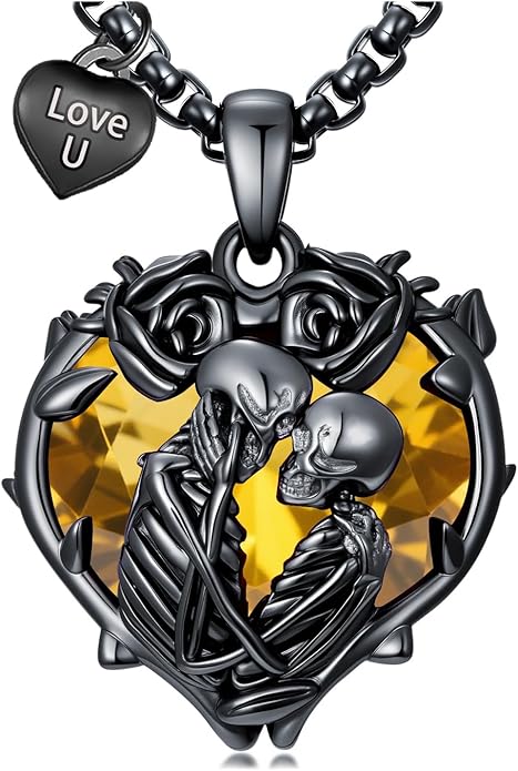 Flpruy 925 Sterling Silver Black Gothic Jewelry Gifts Skeleton Couple Pendant Crystal Birthstone Heart Necklace Punk Romantic Jewelry for Lover Men Women