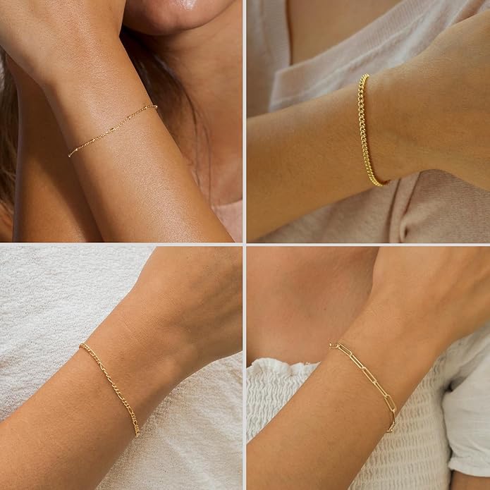 DEARMAY 14K Gold Plated Bracelets for Women Waterproof, Jewelry Sets Trendy Thin Dainty Stackable Cuban Link Paperclip Chain Bracelet Pack Fashion Accessories Gifts for Womens