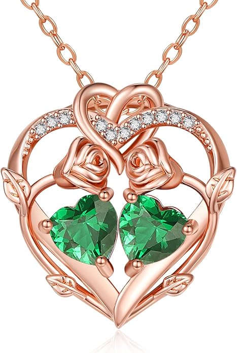 Rose Gold Necklaces for Women Double Birthstone Rose Flower Heart Pendant Necklace Jewelry Anniversary Christmas Valentine's Mother's Day Birthday Gift for Wife Mom Her Girlfriend Sister