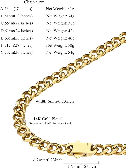 FindChic Cuban Link Chain for Men, 6/9/12mm Necklace Chain, Black/Gold Plated/Stainless Steel Necklace, Hypoallergenic & Tarnish-Proof Men's Jewelry Hip Hop Accessories, 18-30" Length Options