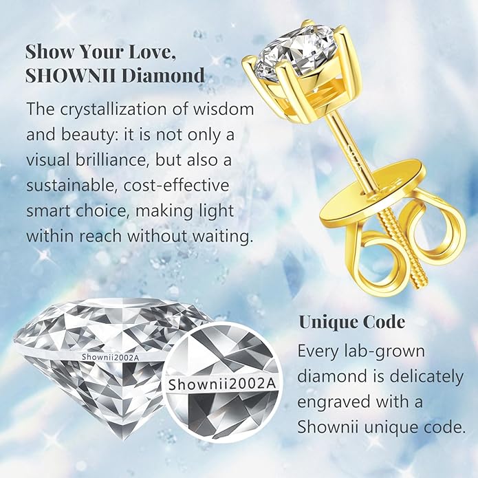 SHOWNII Diamond 4-Prong Lab-Grown Diamond Stud Earrings for Women 0.5CT 1CT 14K Gold Plated S925 Sterling Silver Screw Back Earrings(I-J Color, S1-VS2 Clarity)