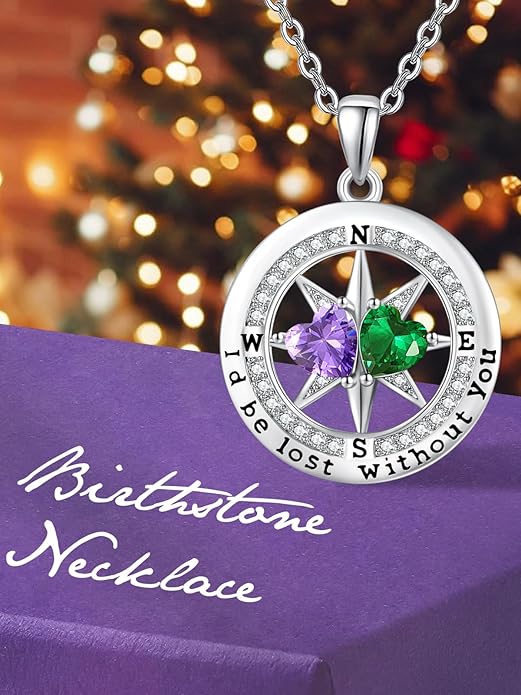 JIYVY32 Compass Birthstones Necklace for Women, Exquisite S925 Necklace Anniversary Birthday Gifts for Wife Her Double Birthstone Pendant jewelry ‘I'd be Lost Without You’