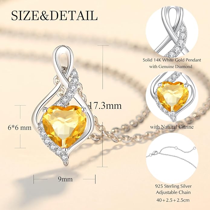 FANCIME 14K Solid White Gold Infinity Heart Birthstone Necklace for Women with Diamond Pendant Birthday Gifts for Mom Women Sterling Silver Chain 16" + 2" Extender