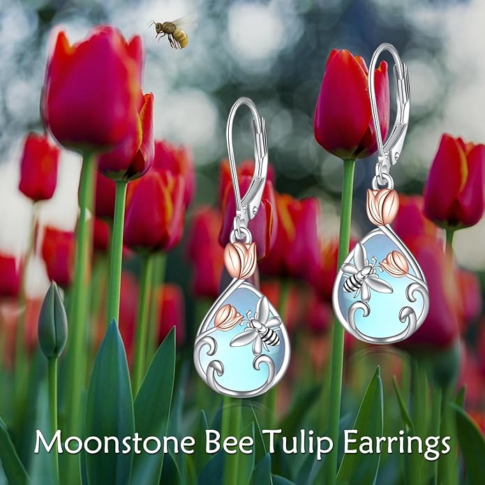 AOBOCO Butterfly/Dragonfly/Bee/Ladybug Leverback Earrings 925 Sterling Silver Rose Lotus Tulip Flower Filigree Dangle Earrings Teardrop Moonstone Larimar Turquoise Abalone Shell Jewelry Birthday Gifts for Women