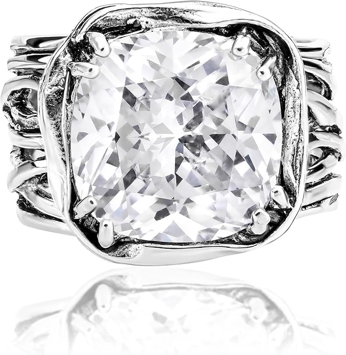 JEAN RACHEL JEWELRY 925 Sterling Silver Ring - Wrap Vintage Design with Cushion Shaped Cubic Zirconia - Hypoallergenic, Lead & Nickel Free - Artisan Handcrafted Statement Rings for Women