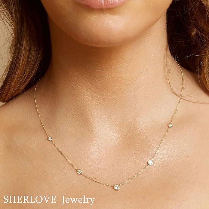 Dainty Gold Diamond Necklace for Women, 14k Gold Plated Diamond Station Choker Necklace for Women Daily & Minimalist, Gold Jewelry for Women