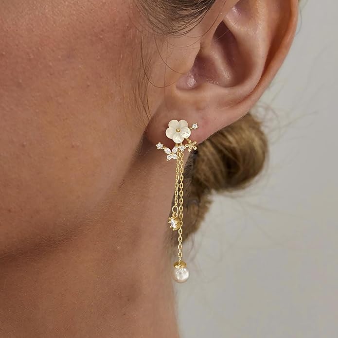 Gold Earrings for Women,Dainty 14k Gold Plated Pearl Drop Earring Dangle Pearl Dangling Earrings for Women Trendy Small Cute Wedding CZ Earring Long Chain Threader Prom Jewelry Gifts