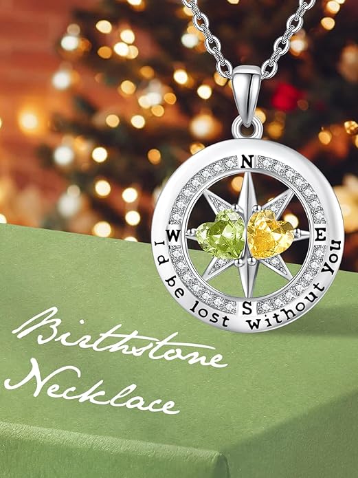 JIYVY32 Compass Birthstones Necklace for Women, Exquisite S925 Necklace Anniversary Birthday Gifts for Wife Her Double Birthstone Pendant jewelry ‘I'd be Lost Without You’