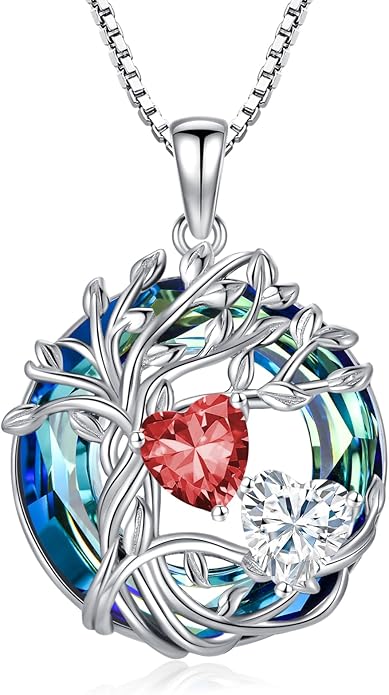 TOUPOP s925 Sterling Silver Family Celtic Tree of Life Pendant Necklaces with 2 Heart Birthstone with Blue Austrian Crystal Jewelry Birthday Anniversary Christmas Gifts for Her Wife Girlfriend Mom (18K Real White Gold Filled)