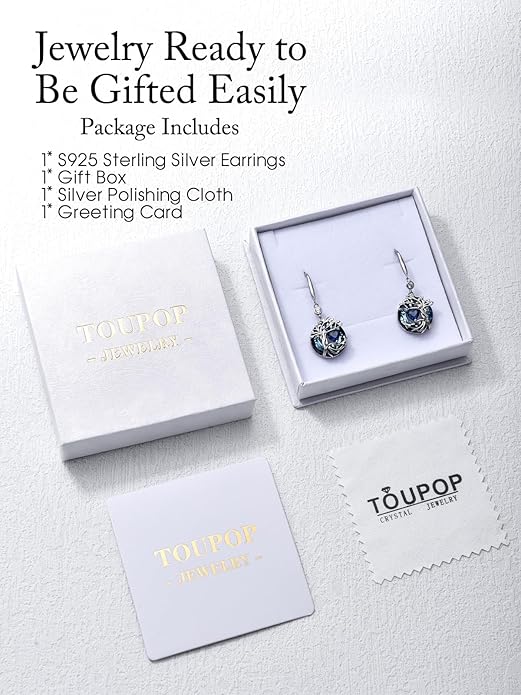 TOUPOP Tree of Life Birthstone Earrings for Women 925 Sterling Silver Family Tree Dangle Earrings Austrian Crystal Jewelry Birthday Christmas Gifts for Her Girlfriend Wife Mom
