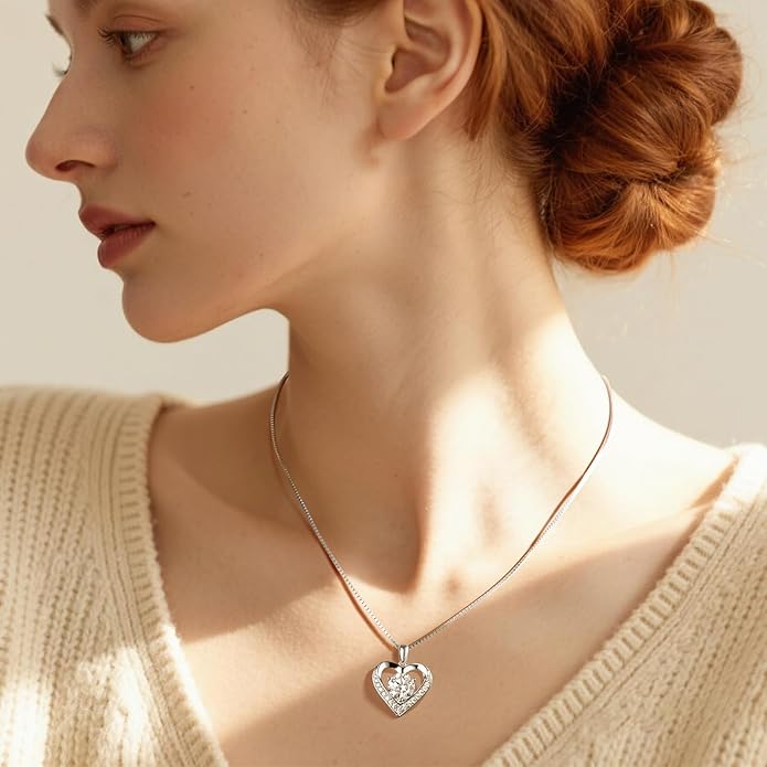 Moissanite Necklace for Women, Heart Pendant Engraved 'I Love You' Gifts for Wife, Valentine's Day Gift Anniversary Eternity Birthday Present Sterling Silver Jewelry for Her