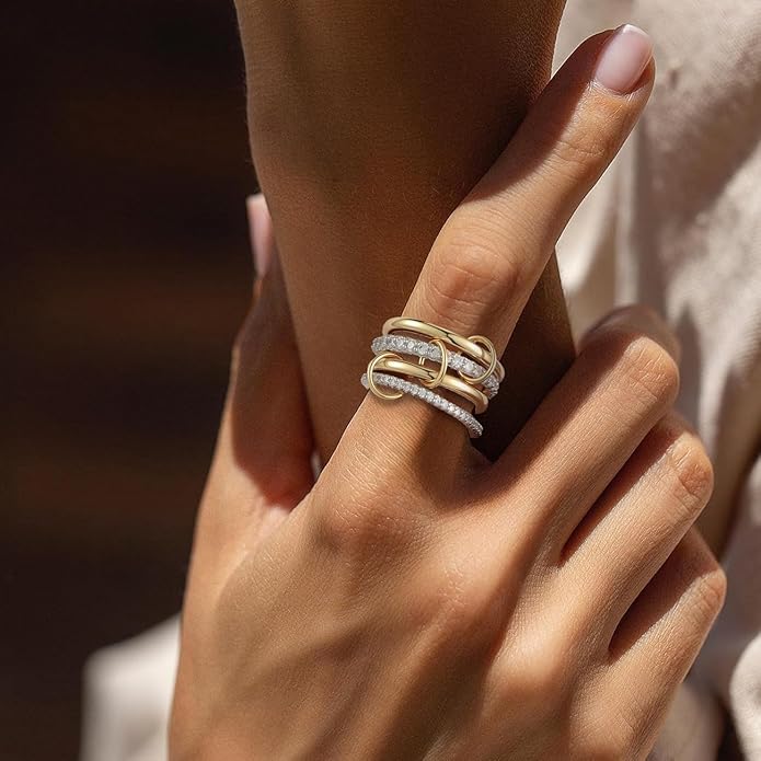 Emibele 14K Gold Plated Stackable Rings for Women, Interlocking Non Tarnish Gold Rings, Silver Dainty Cubic Zirconia Bands, Two-Toned Mixed Metal Stacking Band, Trendy Jewelry Gifts for Women