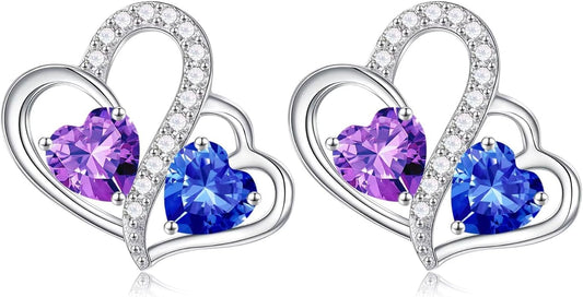 Iefil Valentines Day Gifts for Her - Birthstone Earrings Gift for Women, 925 Sterling Silver Double Heart Birthstone Earrings | Anniversary Birthday Gifts for Women, Personalized Jewelry for Wife Mom