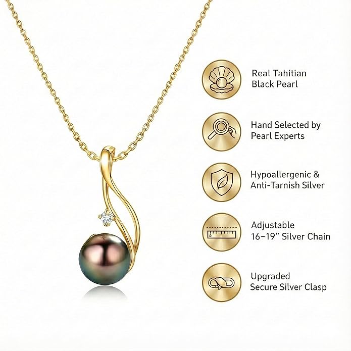 Tahitian Black Pearl Necklaces for Women - Anniversary, Birthday, Valentines Day Gifts for Wife, Girlfriend, Mom - Chaulri 925 Sterling Silver Genuine Real Pearl Jewelry - Regalo de Aniversario para Esposa - Collar de Perlas para Mujer