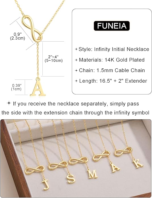 FUNEIA Gold Initial Necklaces for Women Trendy Dainty Long 14K Gold Plated Infinity Lariat Letter Necklace Non Tarnish Friendship Personalized Name Drop Pendant Y Necklace Stack Jewelry Gift