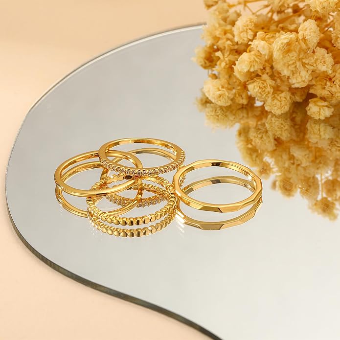 Gold Silver Stackable Rings for Women Non Tarnish 1.3mm Thin Silver Rings Set 14K Gold Plated Dainty Trendy Cubic Zirconia Band Stacking Thumb Ring Jewelry Gifts Size 5-10