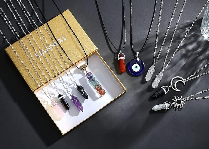 XIANNVXI 11 Pcs Crystal Necklaces for Women, Evil Eye Boho Chakra Hippie Pendant Beach Jewelry Set, Gifts