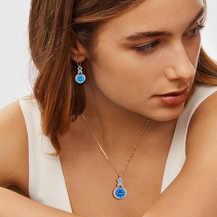 Aquamarine Infinity Jewlery Set for Women, 925 Sterling Silver Necklaces and Earrings Halo March Birthstone Jewelry Gift for Birthday Anniversary