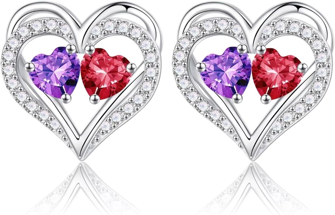 Iefil Birthstone Earrings for Women - 925 Sterling Silver Heart Earrings Anniversary Birthday Gifts for Women Wife Girlfriend Mom