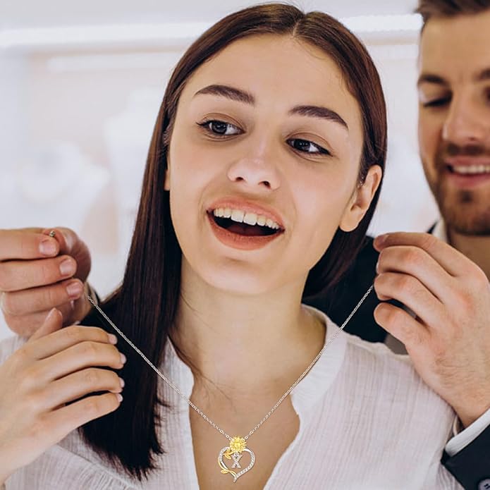 AENEAS Sunflower Initial Necklace for Women Gold Plated Sterling Silver Letter Heart Pendant Jewelry Gift for Mom Wife Birthday Anniversary Christmas