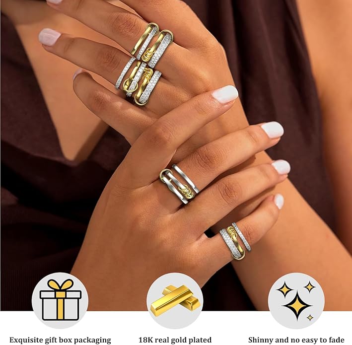 Stackable Rings For Women Non Tarnish,Two-Tone 18K Gold Silver Mixed Metals Interlocked Ring, Cubic Double-Layer Zirconia Interlocked Fashion Accessories Jewelry, Special Statement Ring Set Gifts For Women