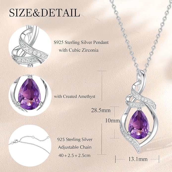 FANCIME Teardrop Gemstone Necklace for Women S925 Sterling Silver Elegant Ribbon Pendent Birthday Gifts for Her, 16"+2" Inches