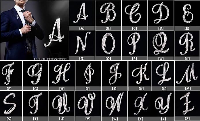 LiaSun A-Z 26 Letters Pins Brooches Silver Plated Metal Broaches Pins-Clear Crystal Initial Breastpin