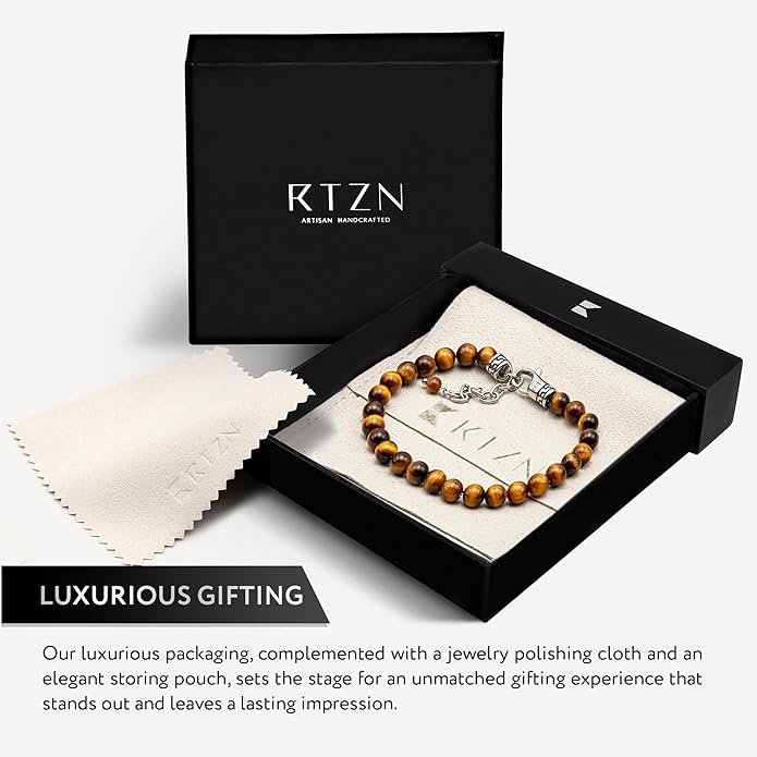 RTZN® Tigers Eye Bracelet for Men – Premium Artisan Handcrafted Golden Brown Tiger Eye Bead Bracelets – Natural Stone Tiger Eye Bracelet Men – Beaded Bracelets for Men