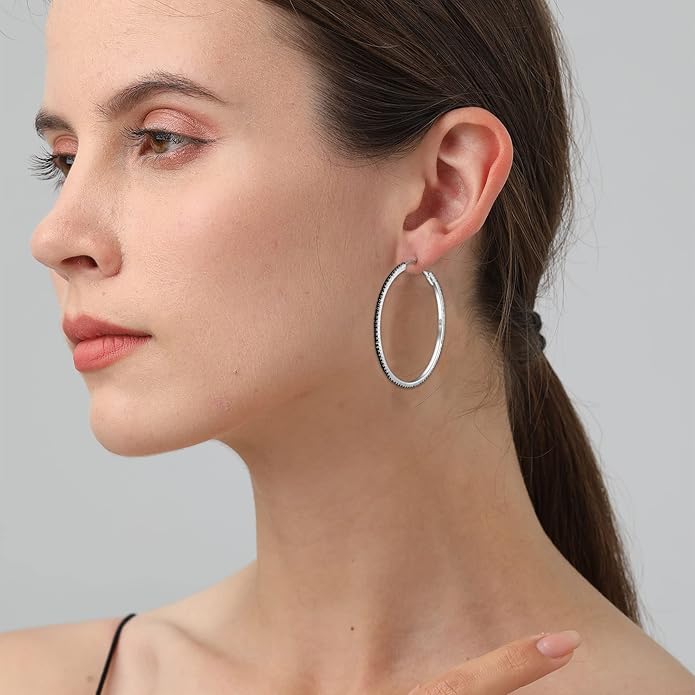 925 Sterling Silver Earrings Large Rhinestone Hoop Earrings Big Cubic Zirconia Hoop Earrings Thin Rhinestones Round Hoop Earrings for Women 20/30/40/50/60/70mm Sparkly Hoops With Crystals for Womens