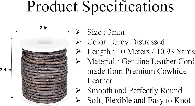 GENIQUE Real/Genuine Round Leather String Cord for Necklace, Bracelets, Jewellery, Braiding (3mm, Grey Distressed)