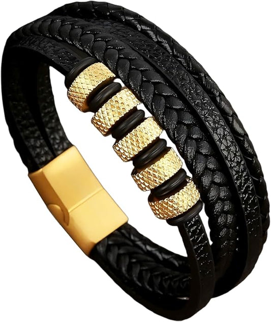 Italian Handmade Genuine Leather Bracelets for Men Stainless Steel Clip, Men's Casual Genuine Multi-layer Cuff Bracelet, Bracelet Gift for Real Men