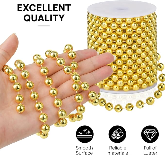 ZJJZGYXINTAI Craft String Pearls 10MM Pearl Bead, 33Feet Gold Faux Pearl Garland Spool Roll Strand Wedding Party Decoration, Christmas Tree Decorations