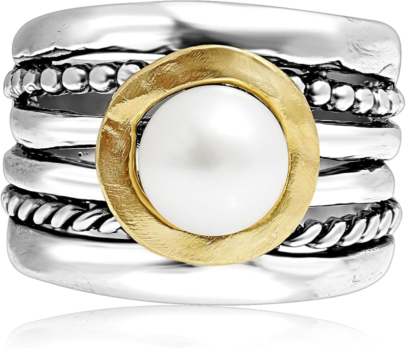 JEAN RACHEL JEWELRY Mixed Metal Two Tone Ring for Women – Pearl Rope Bead – 925 Sterling Silver & 14K Gold Over Silver – Freshwater Pearl Statement Ring – Hypoallergenic Design
