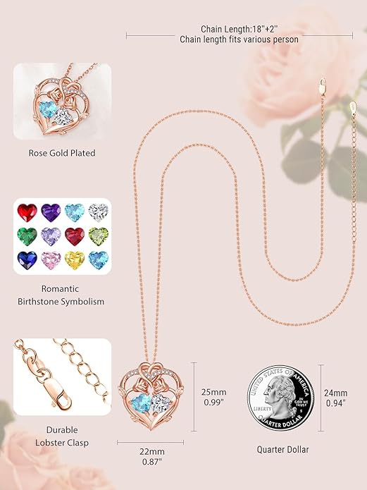Rose Gold Necklaces for Women Double Birthstone Rose Flower Heart Pendant Necklace Jewelry Anniversary Christmas Valentine's Mother's Day Birthday Gift for Wife Mom Her Girlfriend Sister