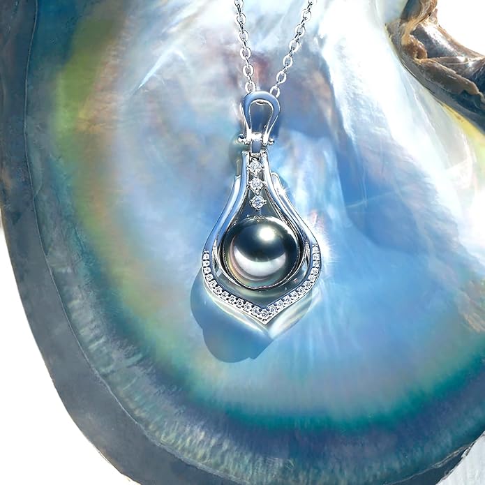 Genuine Tahitian Black Pearl Necklace for Women, 9-11mm AAAA Seawater Pearl with Sterling Silver Moissanite Pendant, Jewelry Gift for Wife, Mom, Girlfriend, Wedding Anniversary, Birthday, Christmas