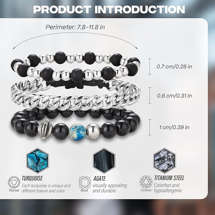 3pc Mens Beaded Bracelets Silver Stainless Steel Chain Bracelet for Men Handmade Braided Bracelet Sets Jewelry Gifts for Men