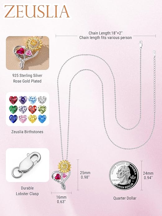 Zeuslia Double Birthstone Necklace Gifts for Wife - 925 Sterling Silver Sunflower/Rose/Crown Cross/Compass/Heart Pendant I Love You Necklace, Anniversary Birthday Gifts for Wife Girlfriend Mom Her