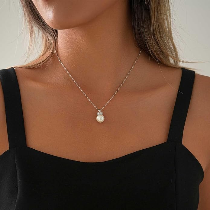 Pearl Necklace for women,10mm Single pearl Necklace, Silver Princess Crown Pearl Pendant Dainty Jewelry Gift for Wife, Mom,Girlfriend,Anniversary, Birthday,Valentine’s Day