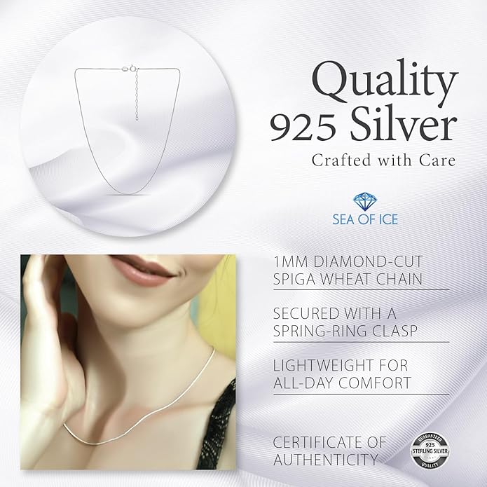 SEA OF ICE Italian Spiga Wheat Chain Necklace – Silver Chain Necklace for Women and Men – 925 Sterling Silver Spring Ring Locked Jewelry Chain – Multisize Silver Chain Unisex