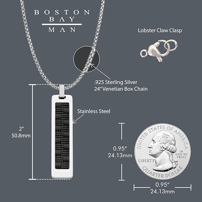 Boston Bay Men’s Black Dog Tag Necklace, 316L Stainless Steel Pendant with 24 Inch Fine Cuban Curb Link Chain
