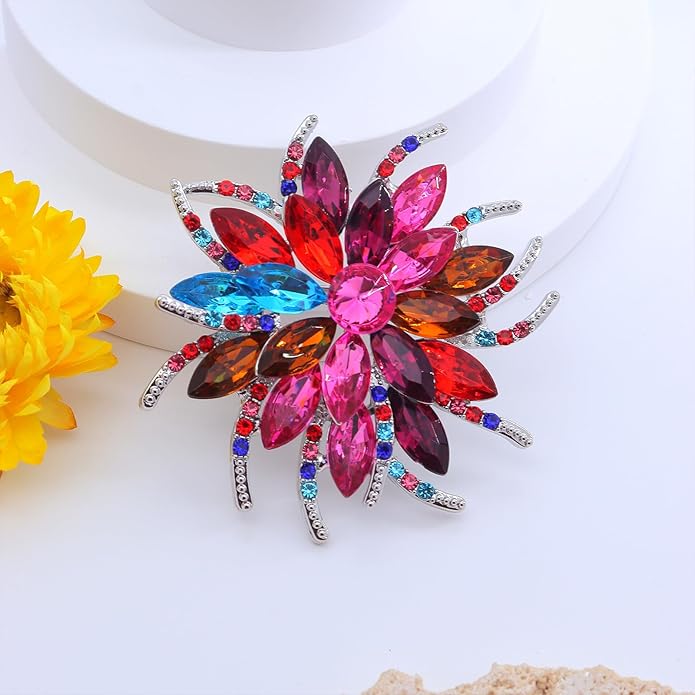 Rhinestone Large Flower Brooches Pins for Women Fashion Sparkly Crystal Sunflower Statement Brooch Unique Wedding Party Suit Dress Jewelry Accessories