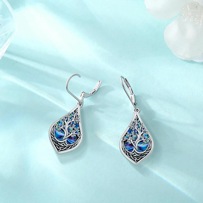 Eusense Sterling Silver Dangle Earrings for Women Tree of Life Animals Moonstone Turquoise Leverback Earrings Jewelry Gifts