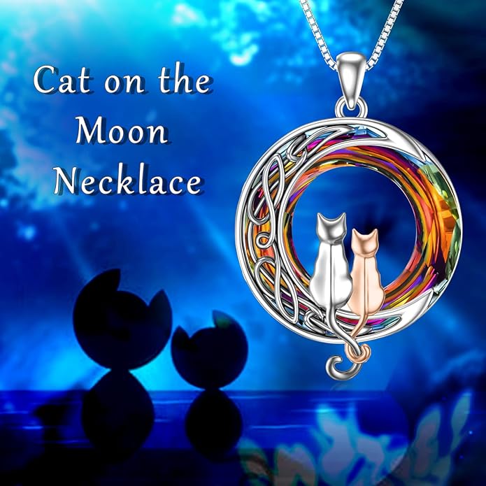 TOUPOP Christmas Cat Gifts for Cats Lovers One Two Three Four Cats Necklace Sterling Silver Cats on the Moon Pendant Necklace with Blue Circle Crystal Birthday Christmas Celtic Jewelry Gifts for Women