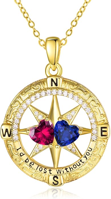 Zeuslia Double Birthstone Necklace Gifts for Wife - 925 Sterling Silver Sunflower/Rose/Crown Cross/Compass/Heart Pendant I Love You Necklace, Anniversary Birthday Gifts for Wife Girlfriend Mom Her
