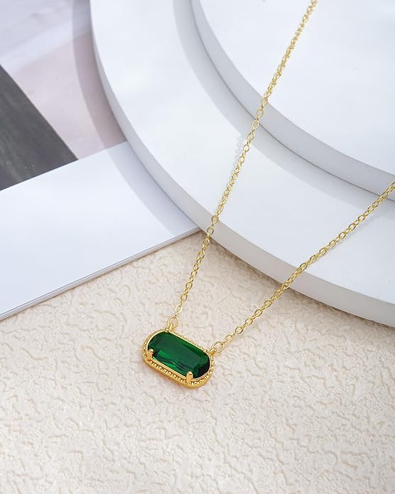 Lourny Gemstone Birthstone Pendant Layered Necklace for Women Trendy, 18K Gold Plated Paperclip Chain Preppy Choker Charm Necklace for Women Wife Jewelry
