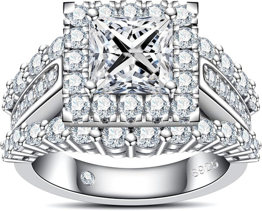 AnuClub Princess/Cushion/Oval Cut Moissanite Engagement Rings 3-3.884cttw D Color VVS1 925 Sterling Silver 3 Rows Vintage Halo Wedding Promise Statement Rings for Women with Certificate