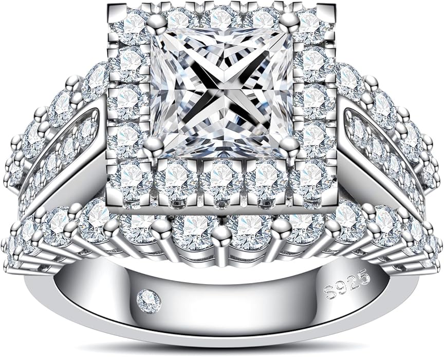 AnuClub Princess/Cushion/Oval Cut Moissanite Engagement Rings 3-3.884cttw D Color VVS1 925 Sterling Silver 3 Rows Vintage Halo Wedding Promise Statement Rings for Women with Certificate
