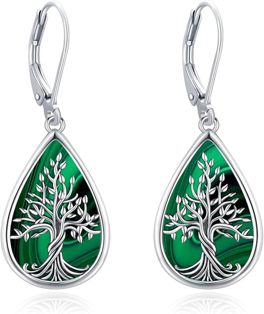 Sterling Silver Tree of Life/Flower/Bee/Animals/Cat/Hummingbird Dangle Earrings Moonstone Turquoise Drop Leverback Earrings Jewelry Gifts