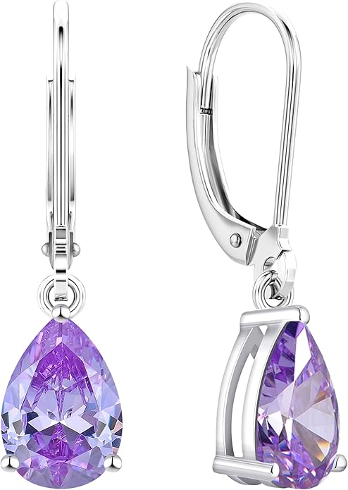 YL 925 Sterling Silver Teardrop Dangle Drop Earrings for Women 7x10 MM Solitaire Birthstone Leverback Jewelry